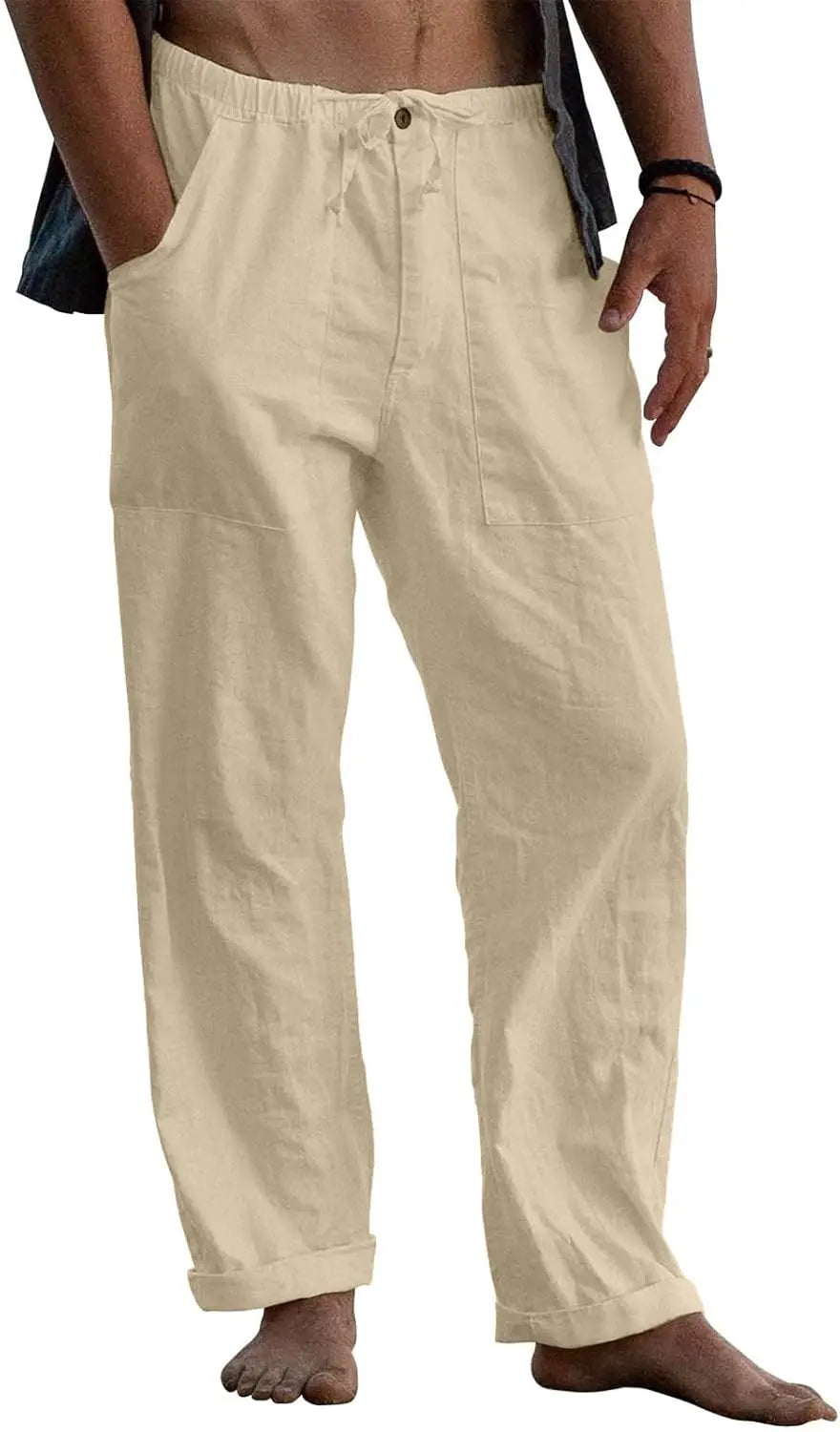 Mens Linen Pants Elastic Waist Drawstring Casual Beach Trousers With Pockets