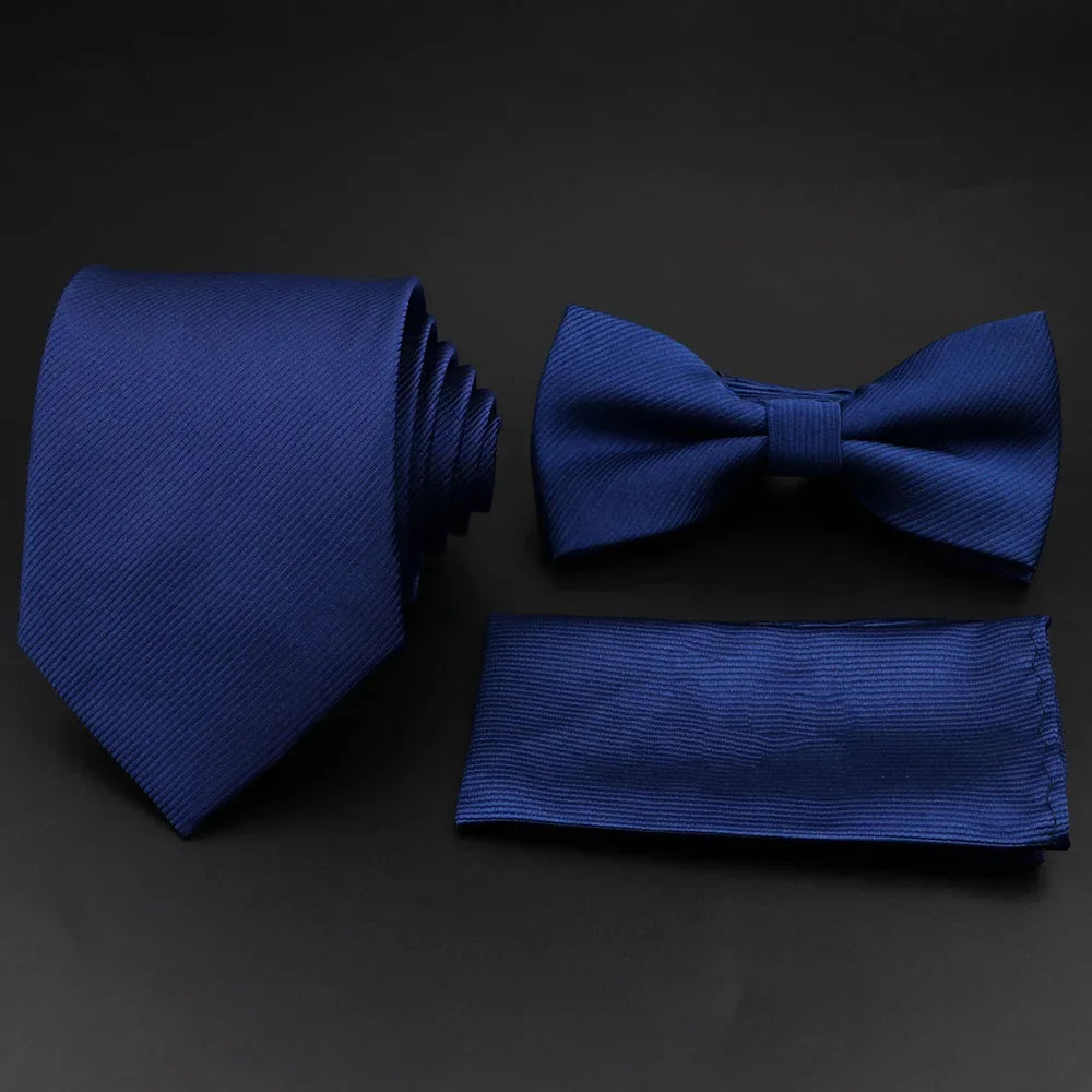 Polyester Slim Striped Tie Set With Bow Tie And Cufflinks For Groom