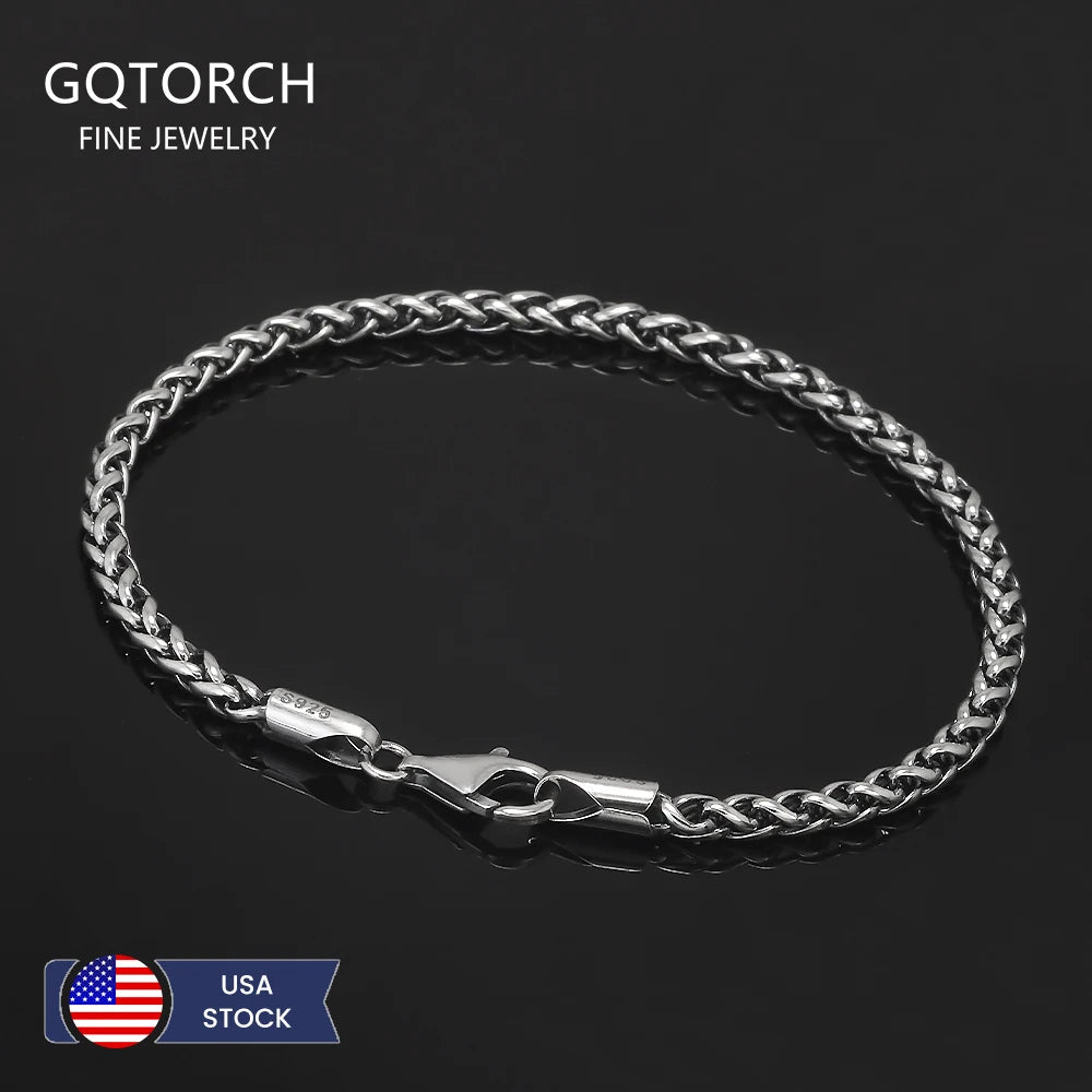 GQTorch 925 Sterling Silver Wheat Chain Bracelet For Men