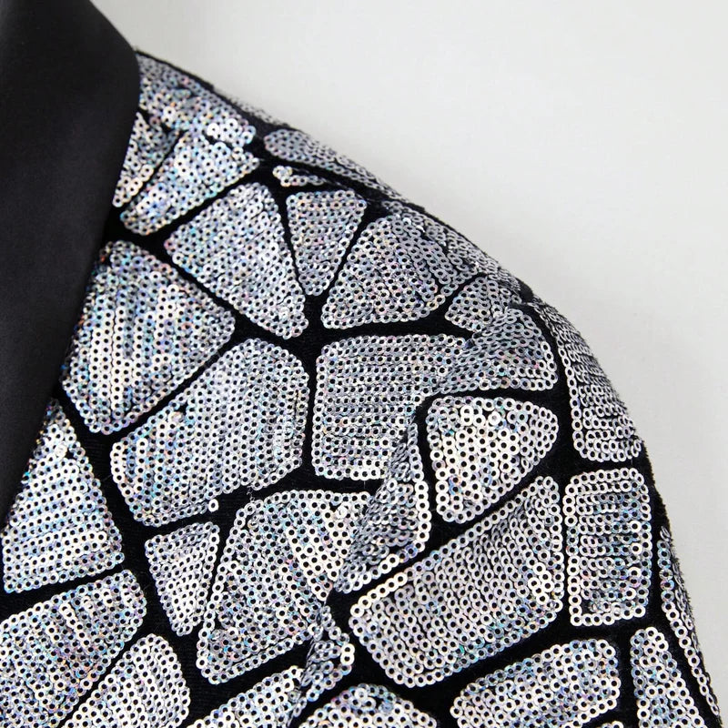 Men's Fitted Sequined Blazer With Satin Lapel For Formal Wear
