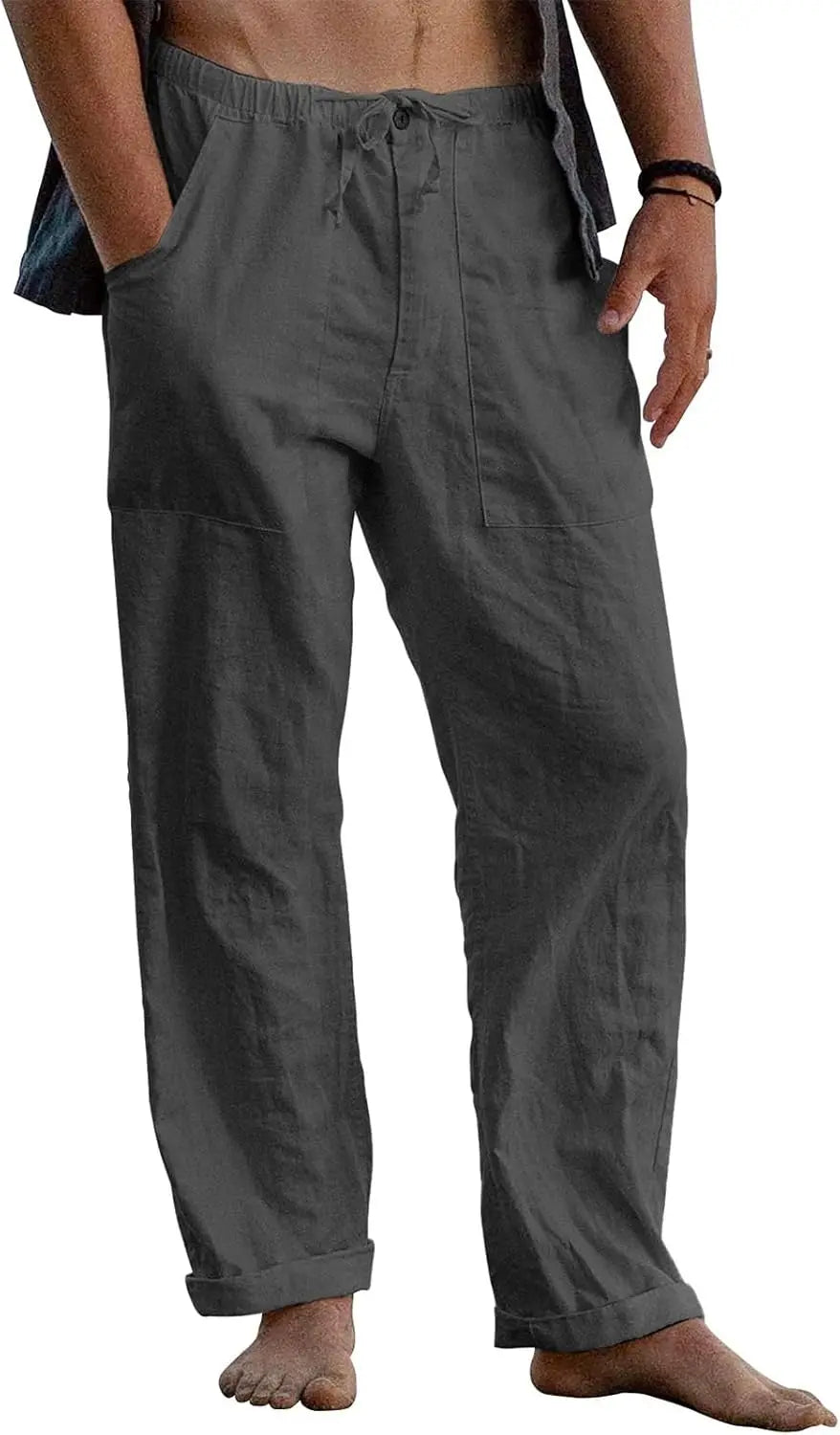 Mens Linen Pants Elastic Waist Drawstring Casual Beach Trousers With Pockets