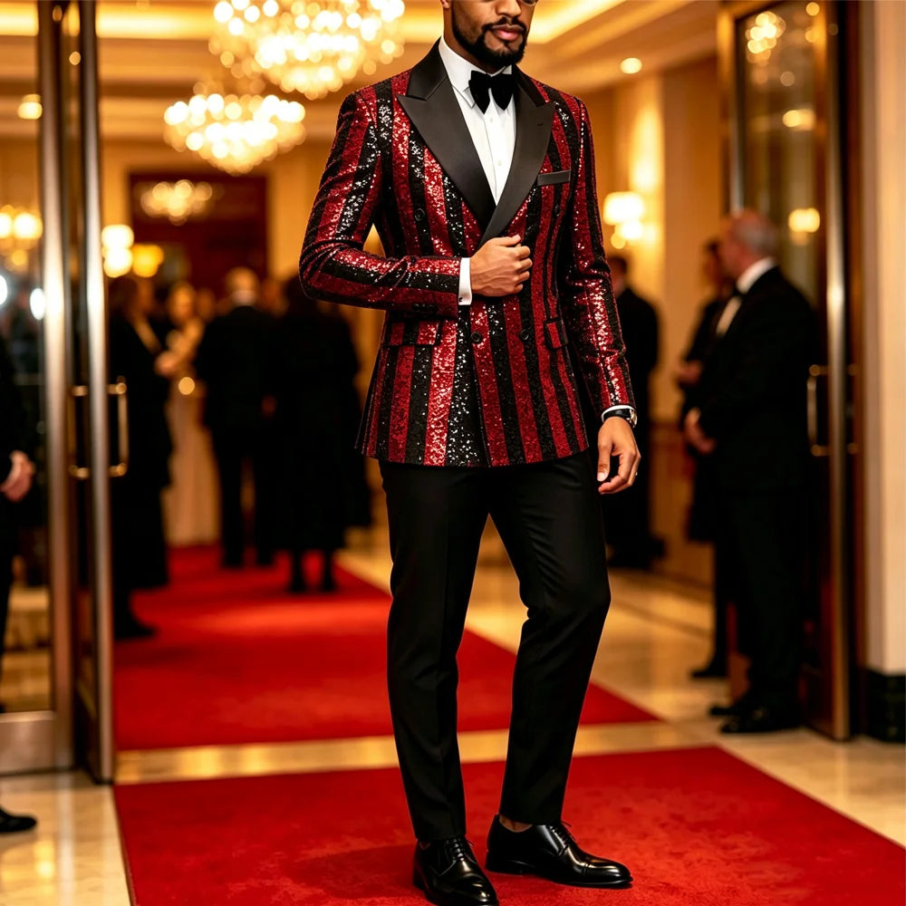 Men's Striped Sequin Double Breasted Tuxedo Suit Jacket And Pants
