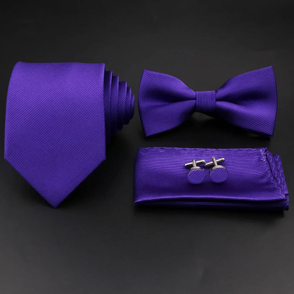 Polyester Slim Striped Tie Set With Bow Tie And Cufflinks For Groom