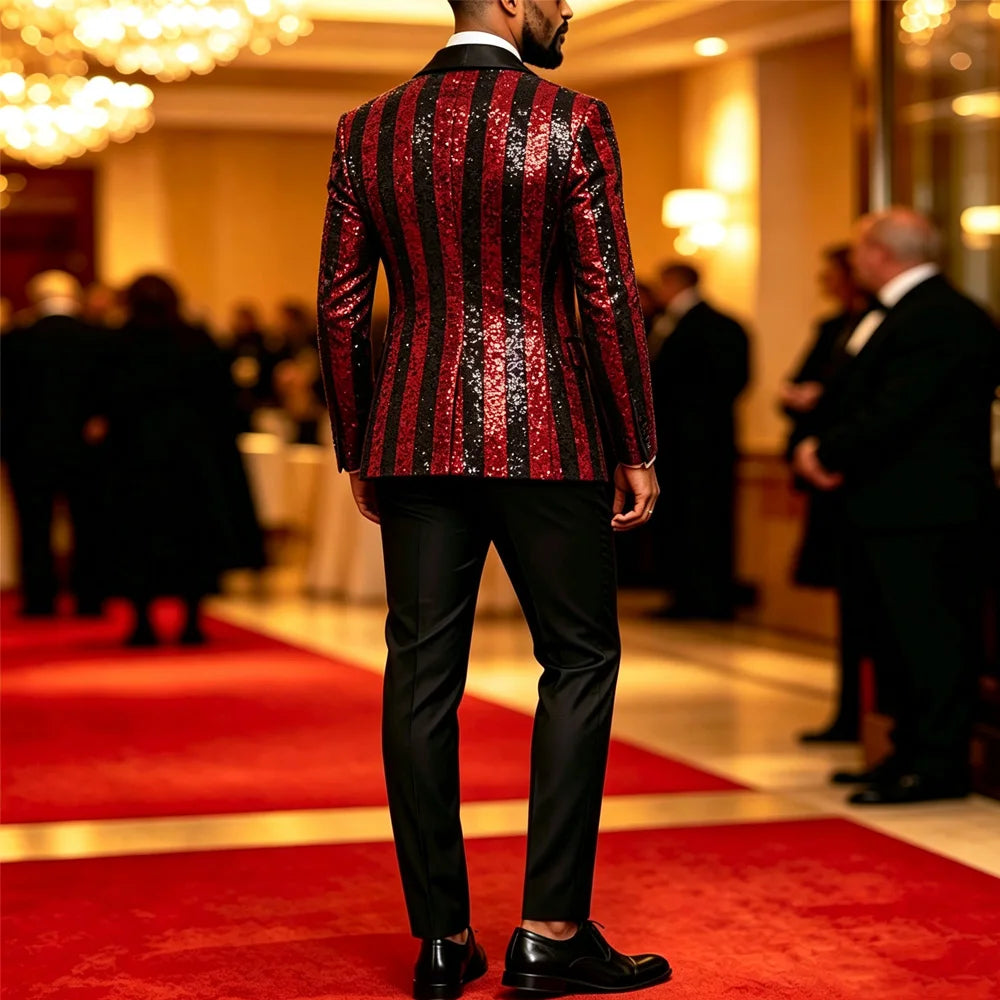Men's Striped Sequin Double Breasted Tuxedo Suit Jacket And Pants