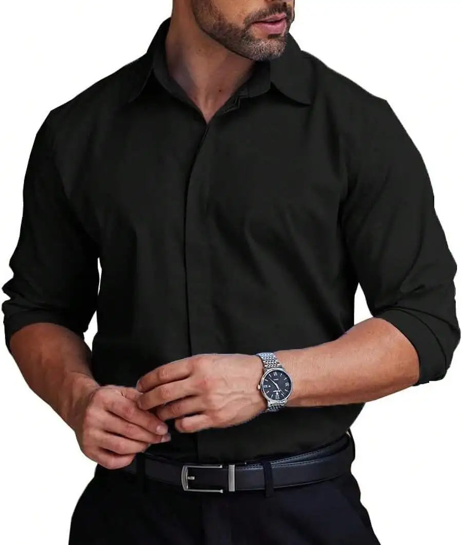 Mens Formal Dress Shirt Hidden Button Front Wrinkle Free Stretch Regular Fit