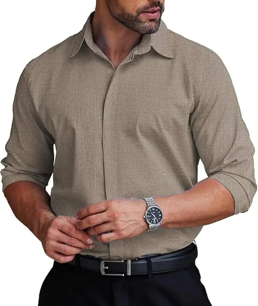 Mens Formal Dress Shirt Hidden Button Front Wrinkle Free Stretch Regular Fit