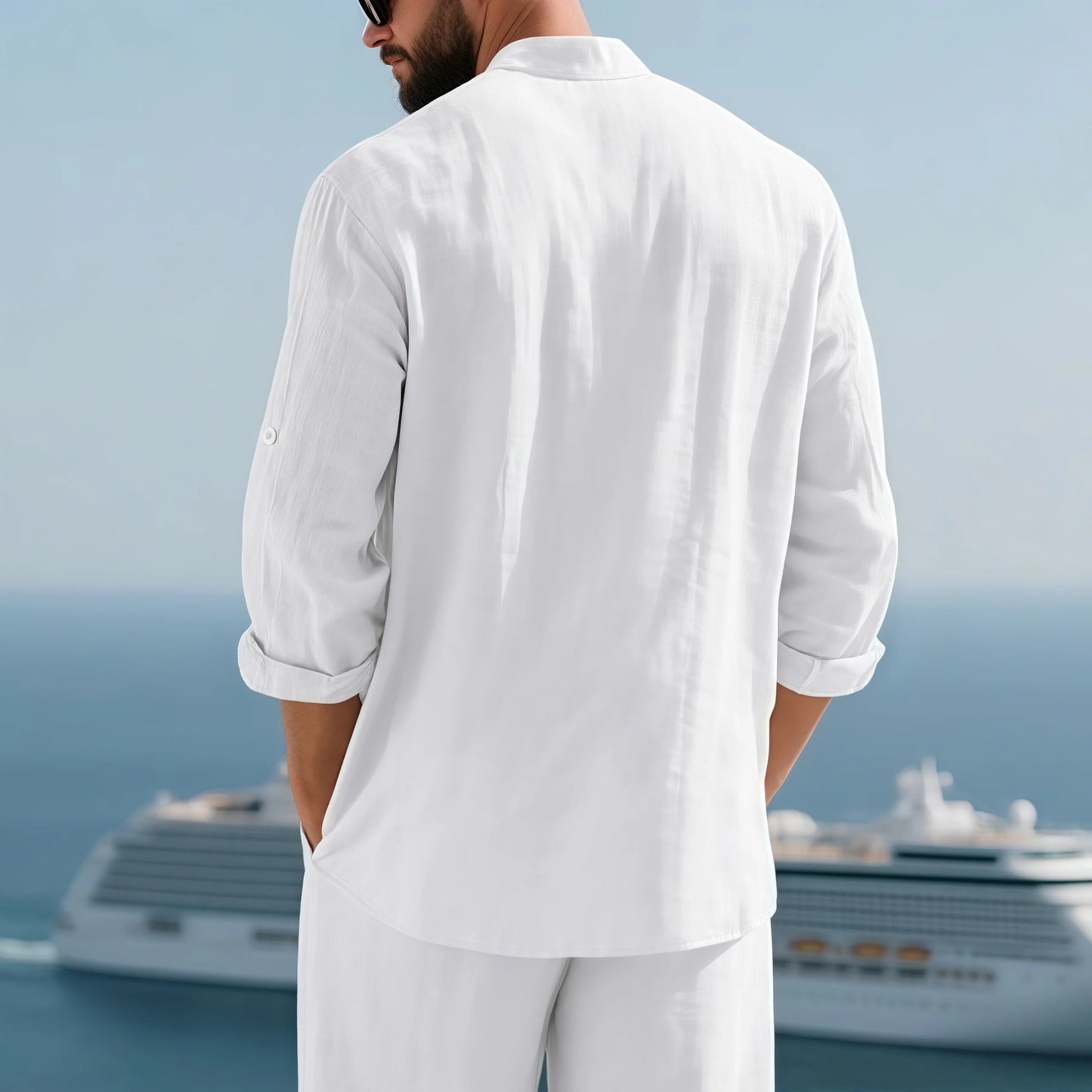 Mens Linen Button Down Shirt With Mandarin Collar Chest Pocket
