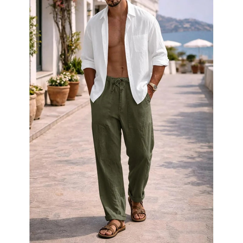 Mens Linen Pants Elastic Waist Drawstring Casual Beach Trousers With Pockets