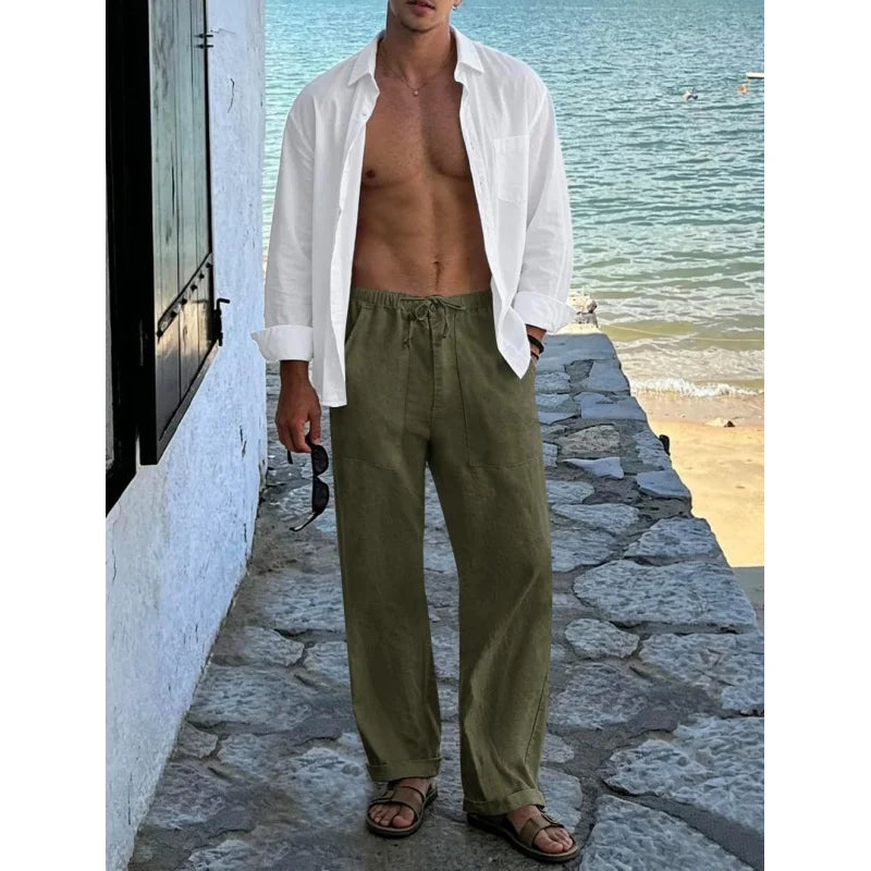 Mens Linen Pants Elastic Waist Drawstring Casual Beach Trousers With Pockets
