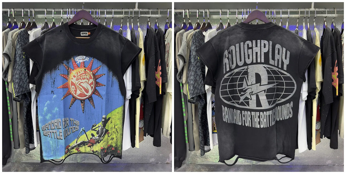 New Y2K Rough Play SoleBoy Vest T-shirts 100% cotton Men Women half Sleevless Pure Cotton American Retro Black Oversized T Shirt Street trendy T-shirt