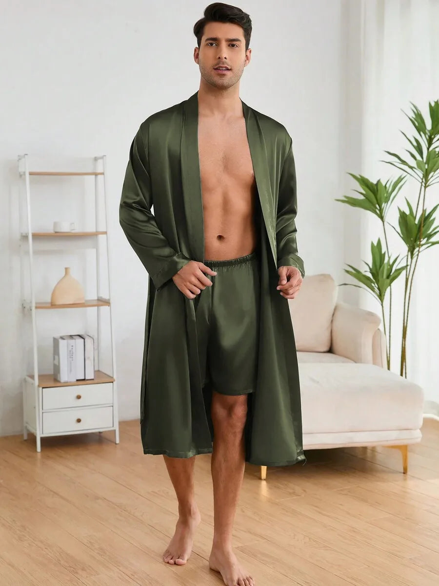 Mens Solid Color Satin Bathrobe With Matching Shorts Set