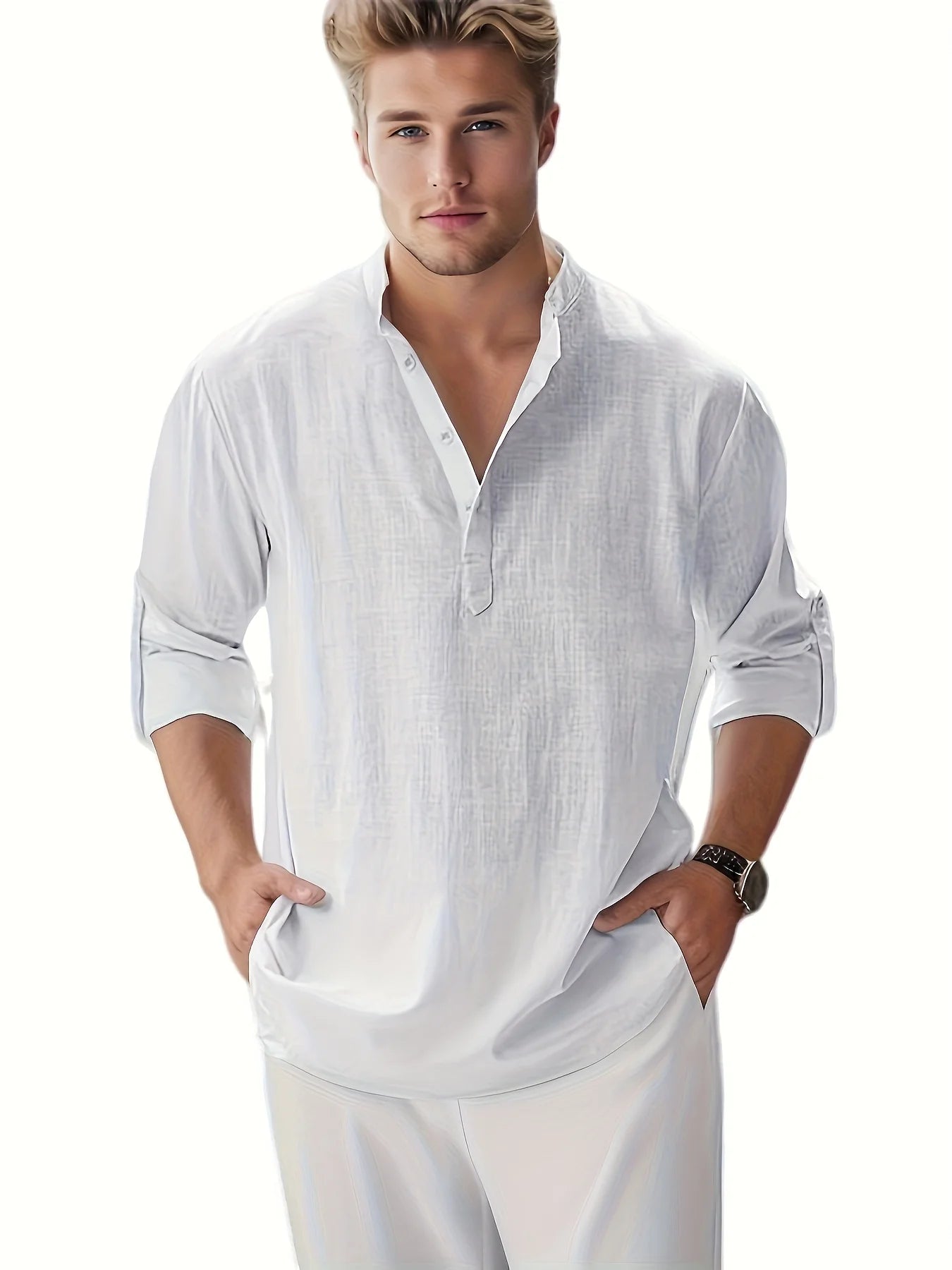Mens Linen Stand Collar Long Sleeve Shirt Loose Fit Cotton Linen Blend