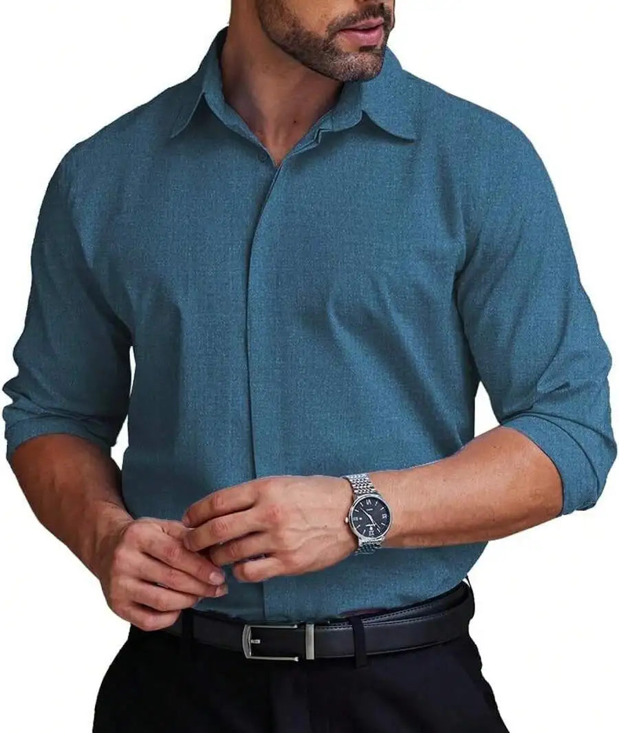 Mens Formal Dress Shirt Hidden Button Front Wrinkle Free Stretch Regular Fit