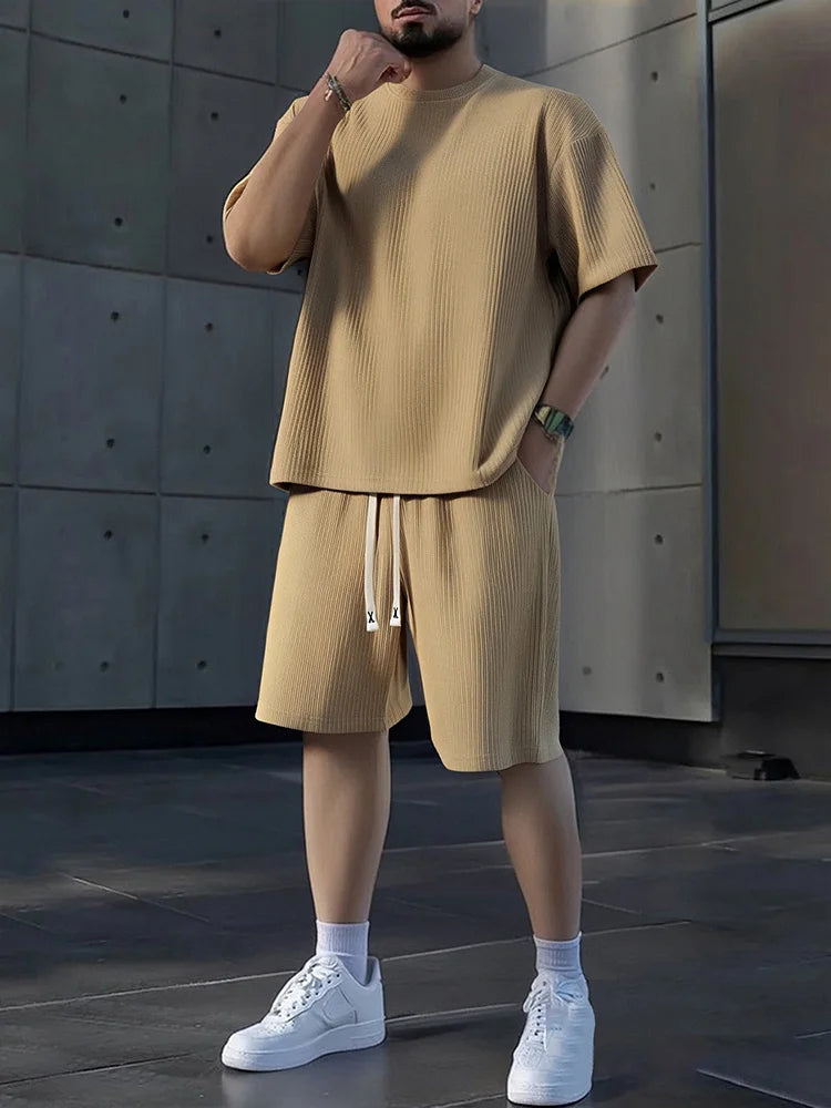 Mens Crew Neck Short Sleeve Shorts Set Breathable Sweat Absorbent