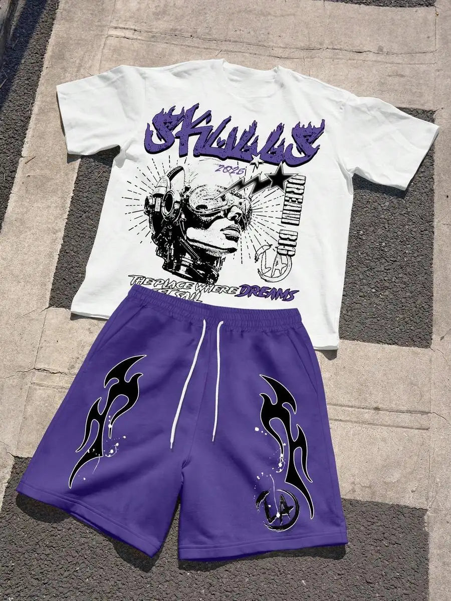 Mens Graphic Print Short Sleeve T Shirt Drawstring Shorts Set