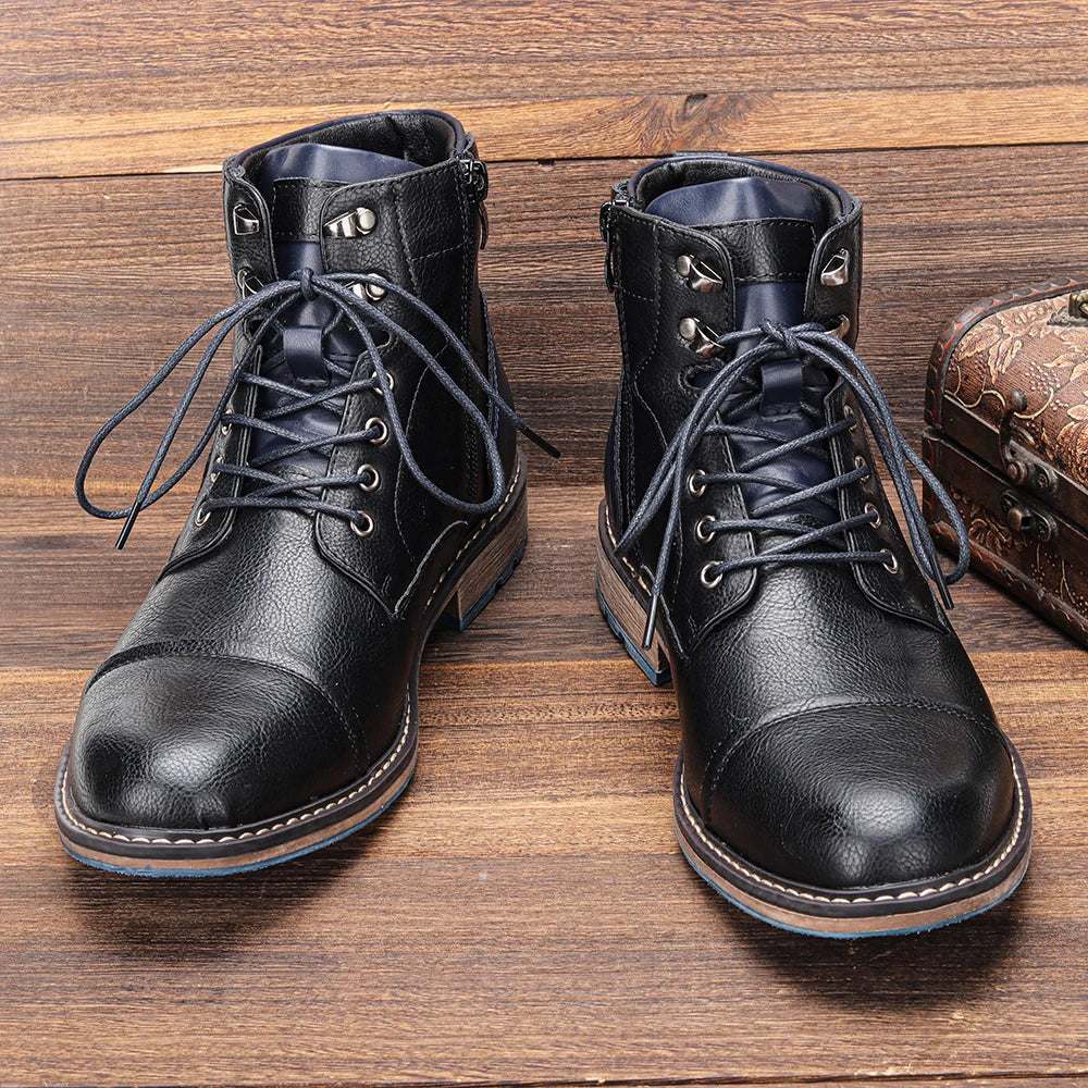 Hecrafted Classical Men Ankle Boots Zipper Leather Comfort