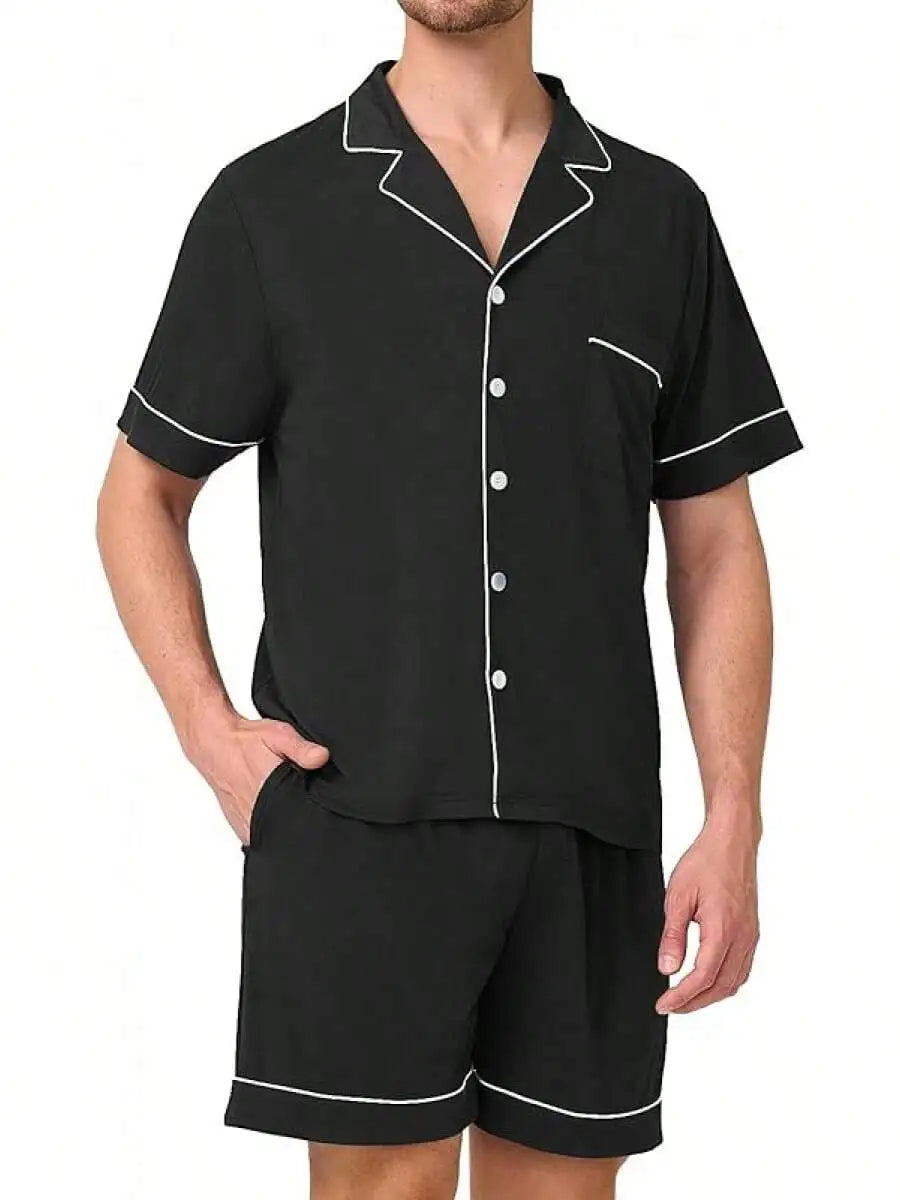 Men's Pajama Set Short Sleeve Button Down Shirt With Pocket Elastic Waist Shorts
