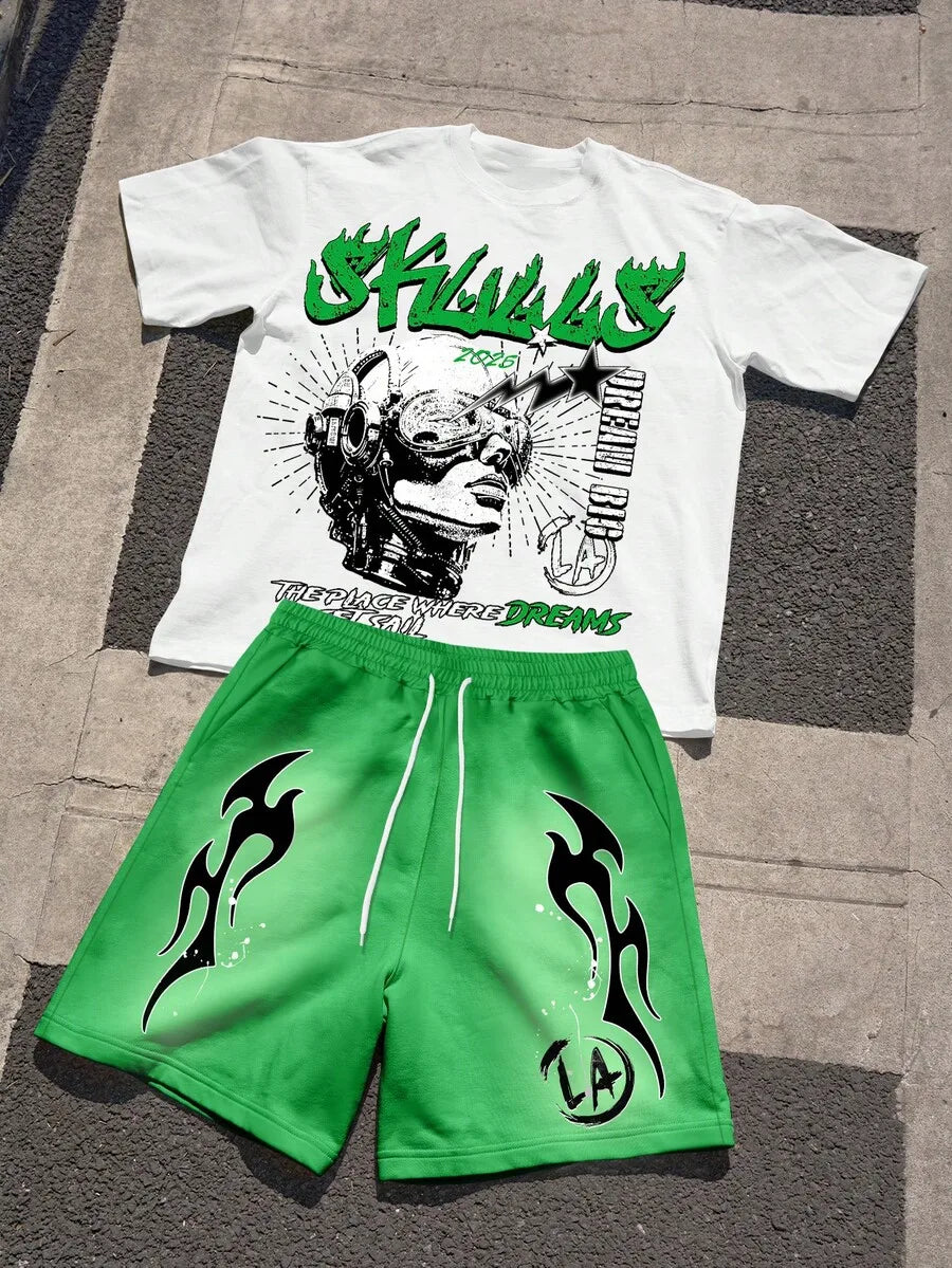 Mens Graphic Print Short Sleeve T Shirt Drawstring Shorts Set