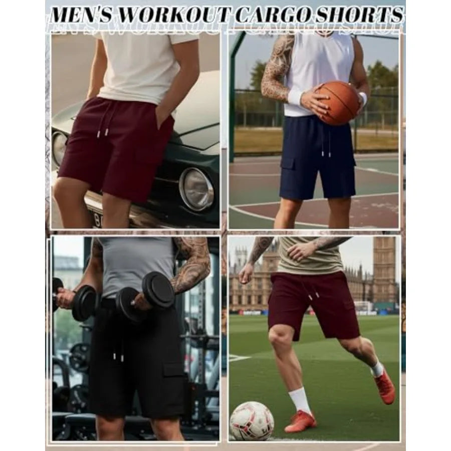 Mens Cargo Shorts 3 Pack Athletic Shorts With Drawstring Elastic Waist Pockets