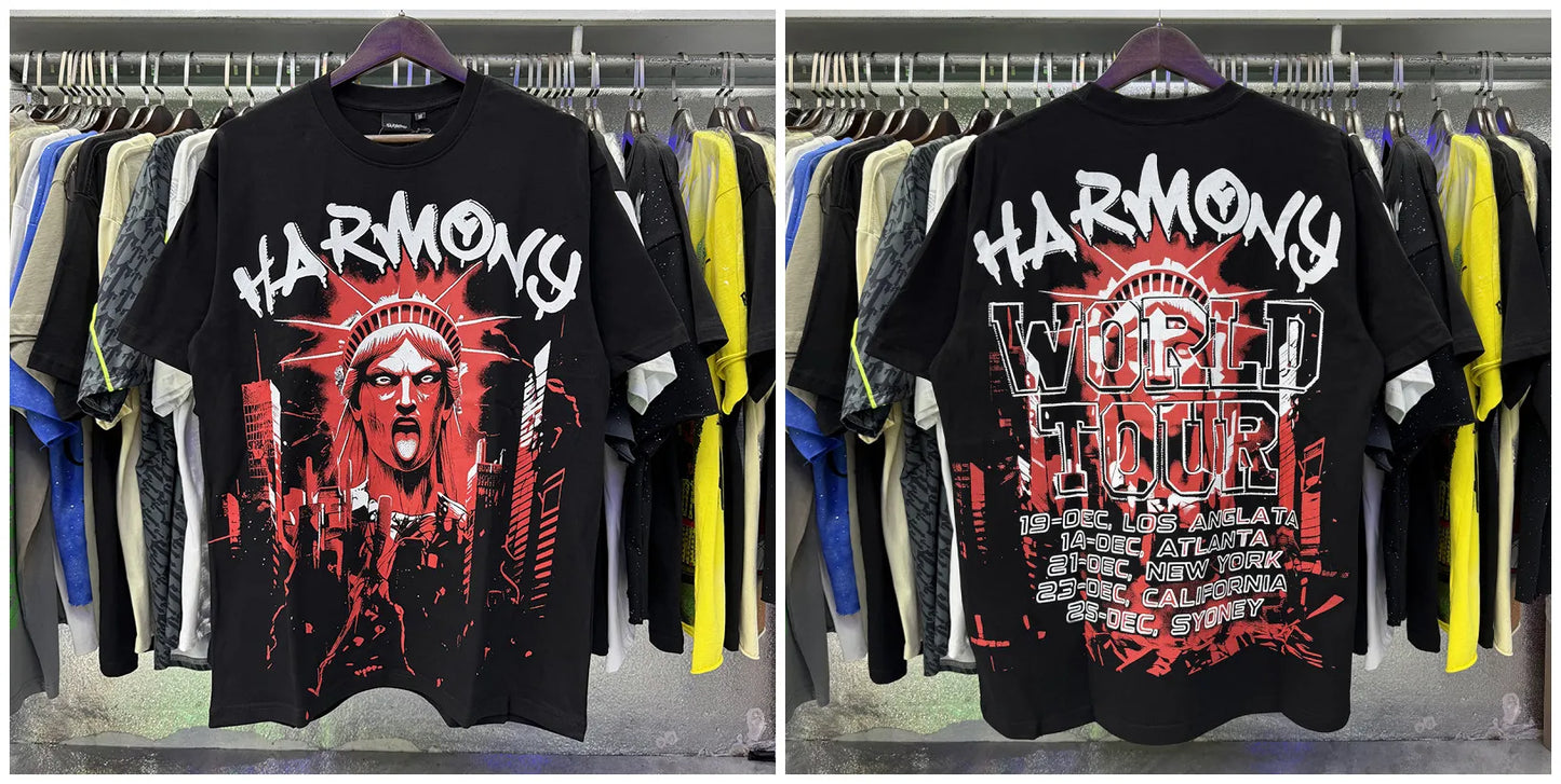 New Y2K HARMONY hotfix rhinestone logo T-shirts 100% cotton Men Women Pure Cotton American Retro Black Oversized T Shirt Street trendy T-shirt