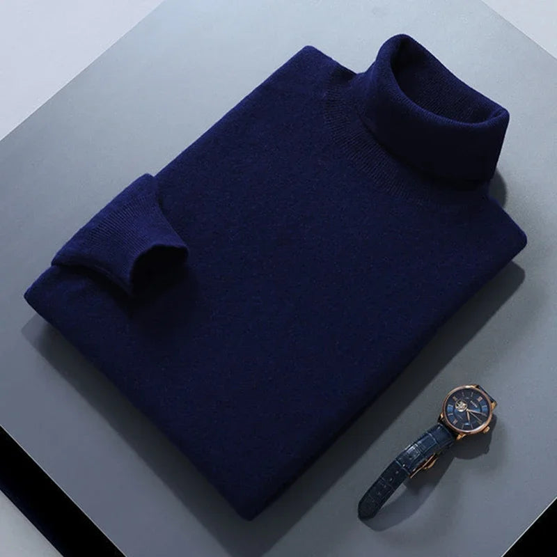 Cashmere Cotton Blend Turtleneck Men Pullover High Collar Knit Sweater