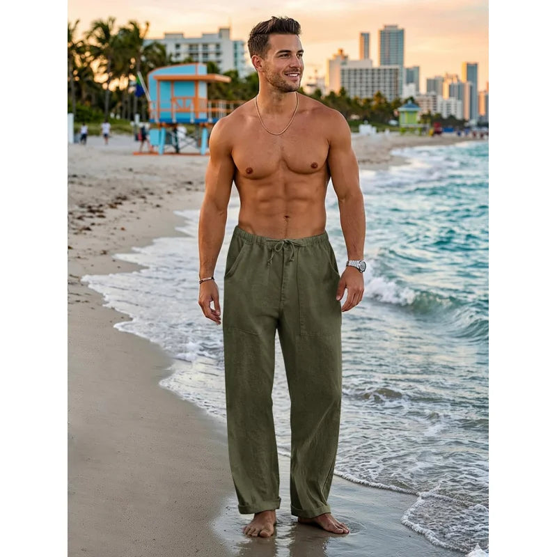 Mens Linen Pants With Elastic Waist Drawstring Loose Fit Beachwear Pockets