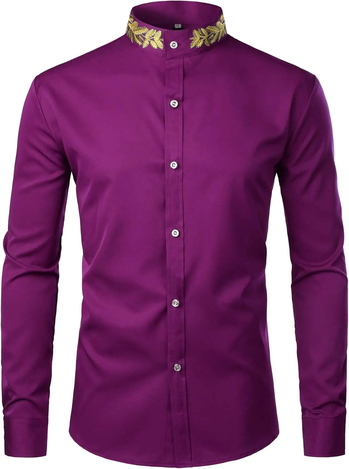 Mens Embroidery Mandarin Collar Slim Fit Long Sleeve Dress Shirt