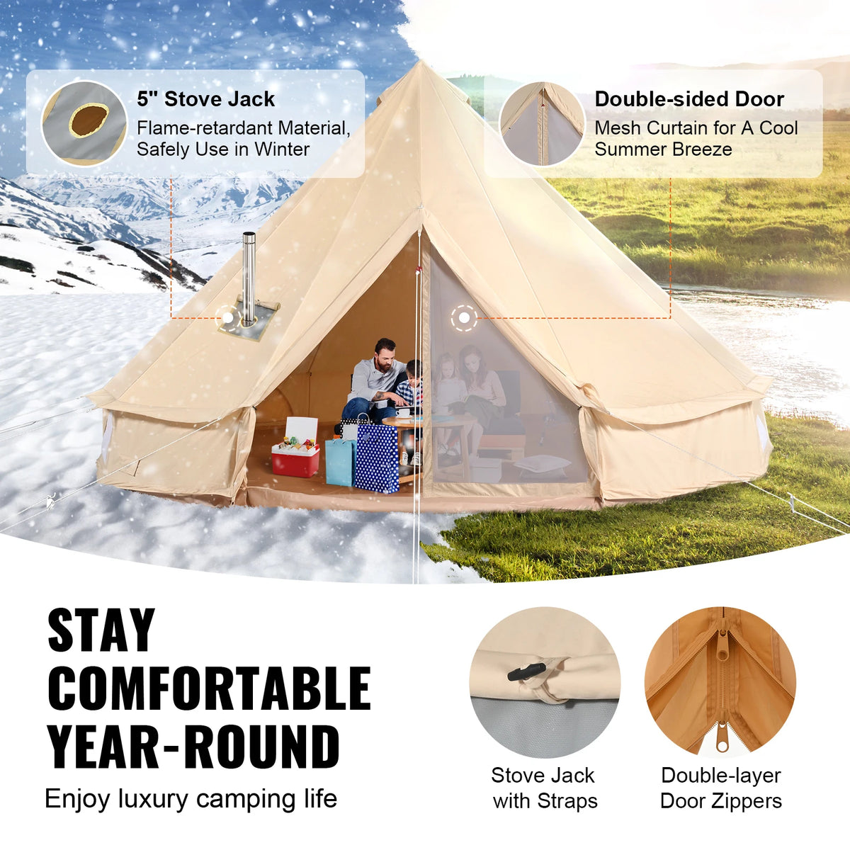 SucceBuy Four Seasons Canvas Bell Tent With Stove Vent Camping