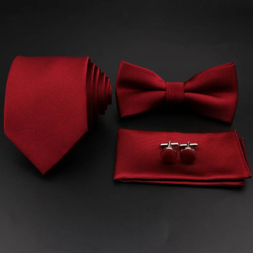 Polyester Slim Striped Tie Set With Bow Tie And Cufflinks For Groom