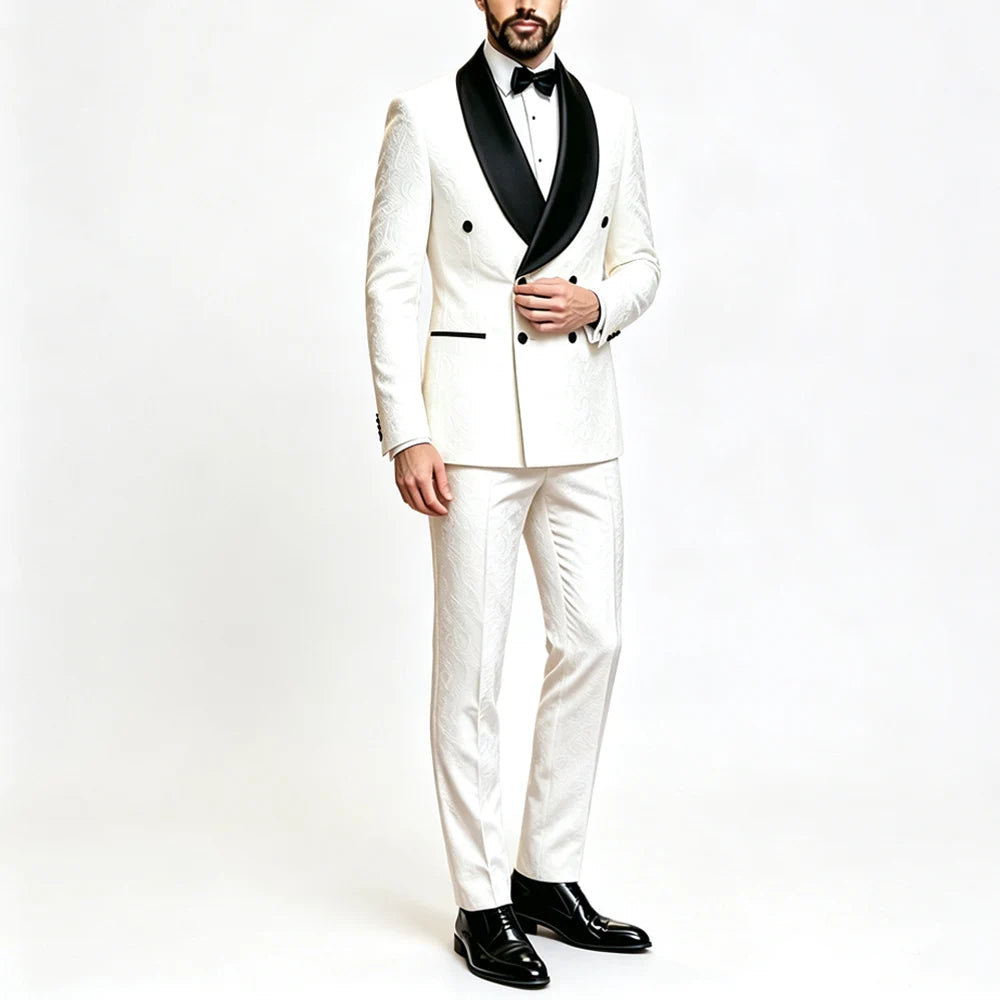 Men Double Breasted Jacquard Tuxedo Suit With Shawl Lapel