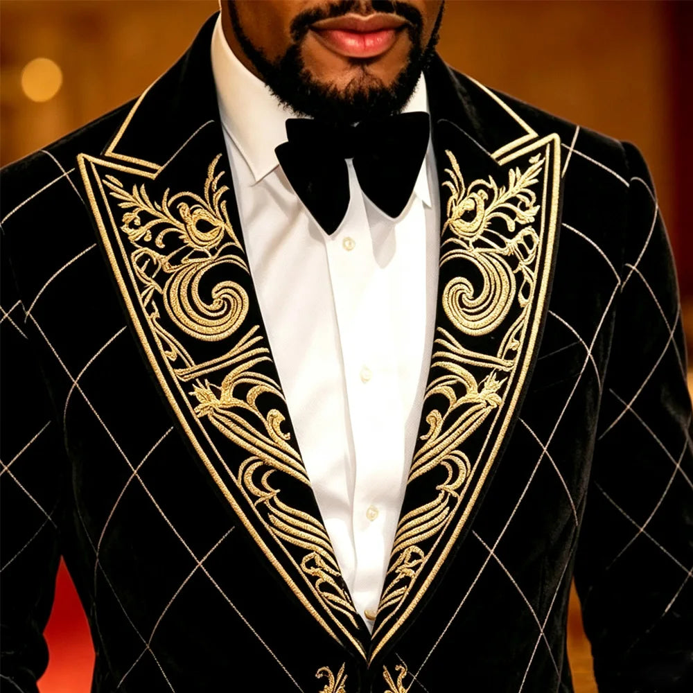 Mens Velvet Knot Embroidered Court Blazer Slim Fit Peak Lapel