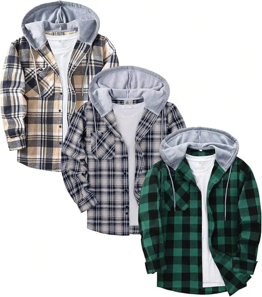 3 Pack Mens Flannel Hooded Shirt Jacket Plaid With Pocket