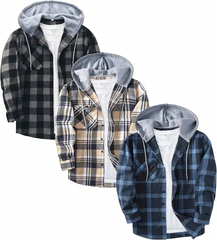 3 Pack Mens Flannel Hooded Shirt Jacket Plaid With Pocket
