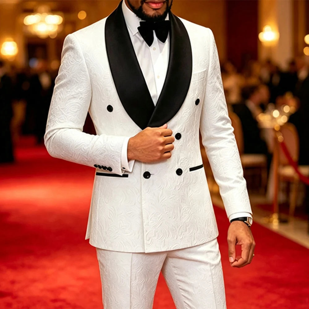 Men Double Breasted Jacquard Tuxedo Suit With Shawl Lapel