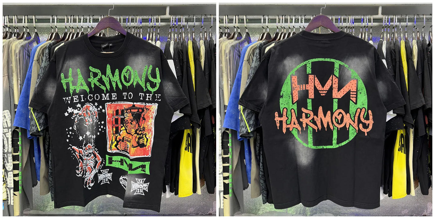 New Y2K HARMONY hotfix rhinestone logo T-shirts 100% cotton Men Women Pure Cotton American Retro Black Oversized T Shirt Street trendy T-shirt