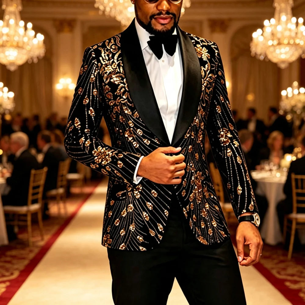 Men's Velvet Tuxedo Jacket Gold Sequin Embroidery Shawl Lapel Blazer