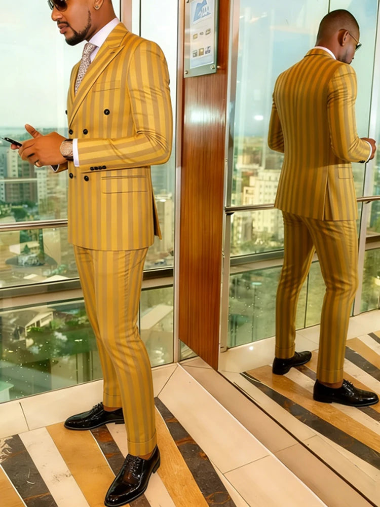 Mens Jacquard 2 Double Breasted Suit Jacket Pants Slim Fit