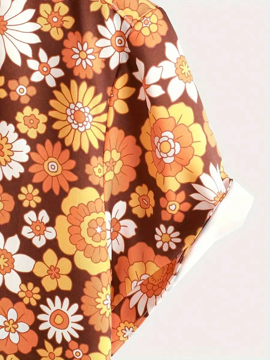 Retro Floral Hawaiian Shirt Men Short Sleeve Casual Summer Top