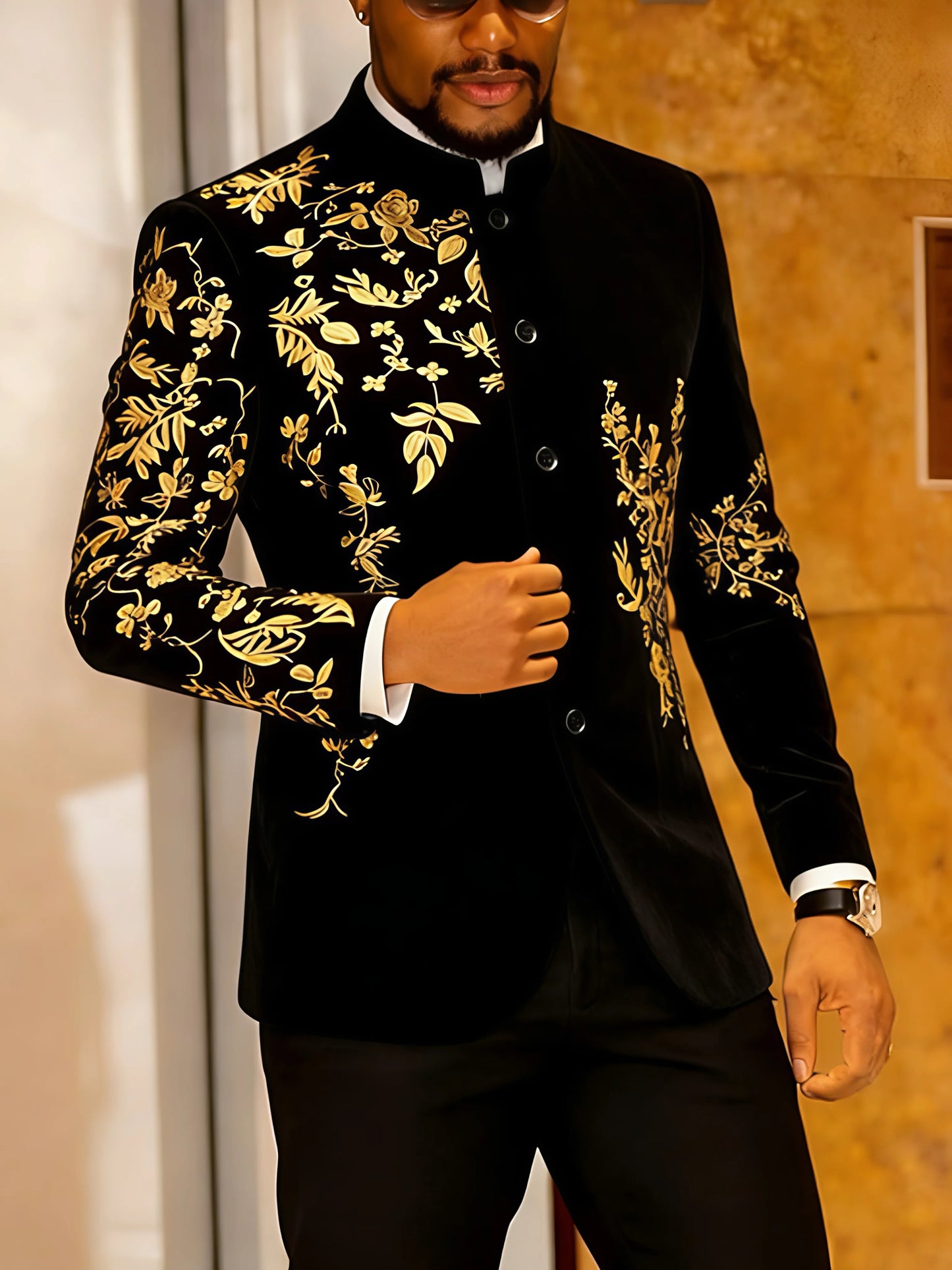 Men's Velvet Blazer With Gold Floral Embroidery Slim Fit Jacket