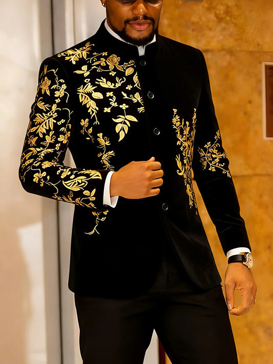 Men's Velvet Blazer With Gold Floral Embroidery Slim Fit Jacket