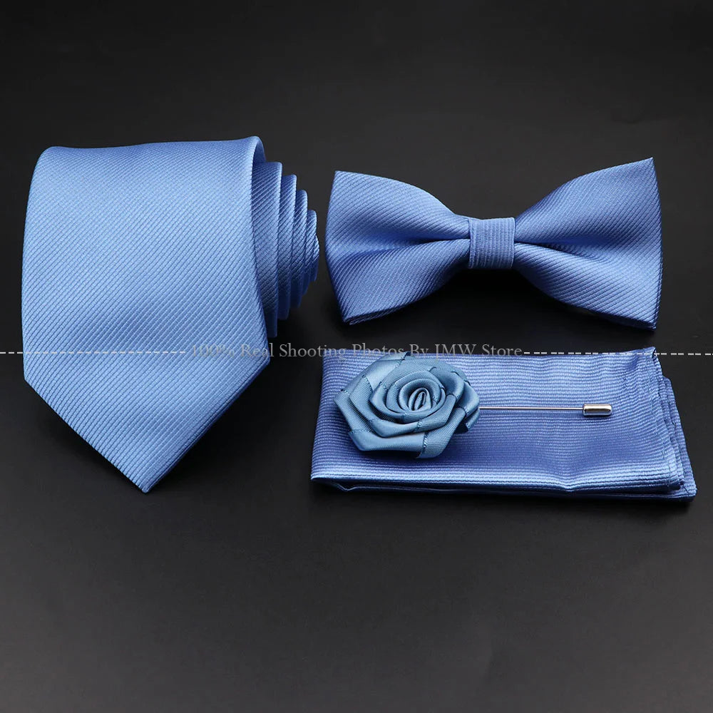 Polyester Slim Striped Tie Set With Bow Tie And Cufflinks For Groom