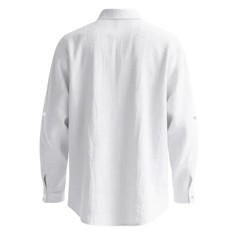 Mens Linen Button Down Shirt With Mandarin Collar Chest Pocket