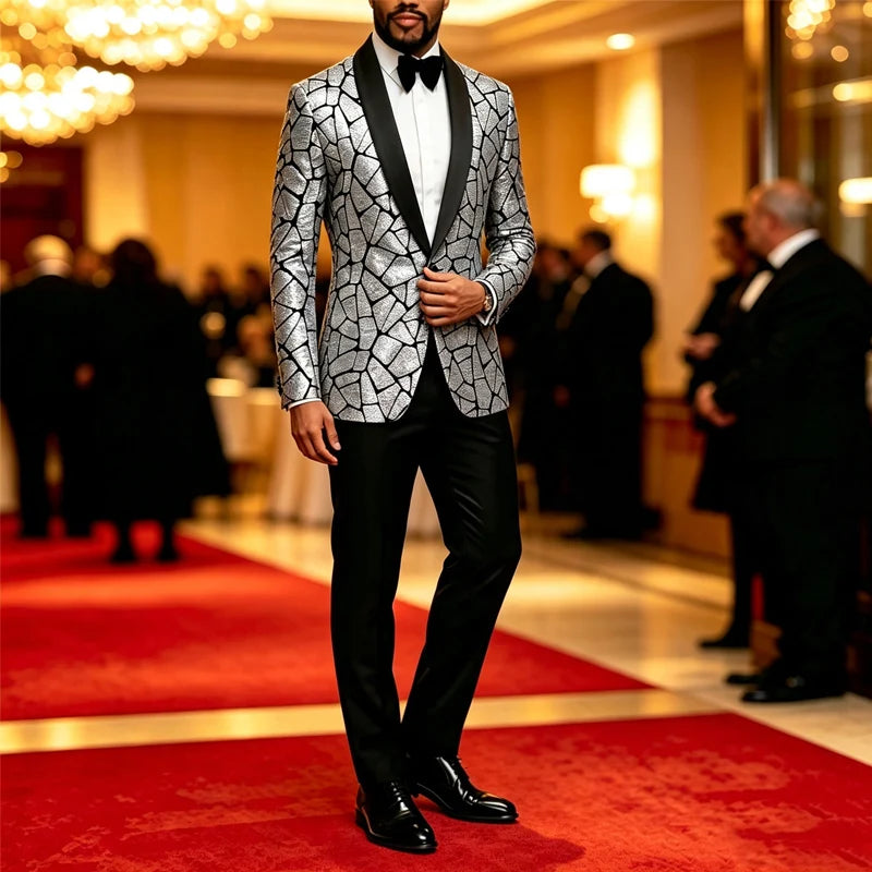 Men's Fitted Sequined Blazer With Satin Lapel For Formal Wear