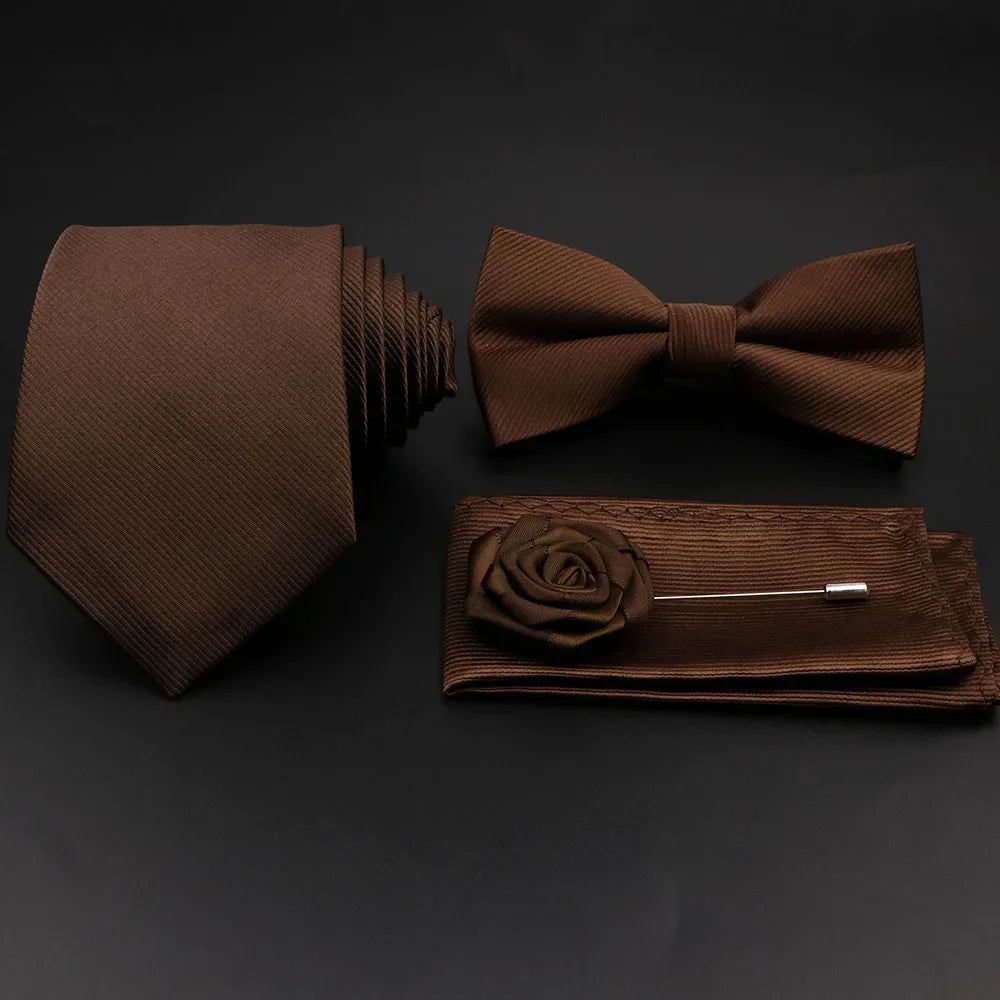 Polyester Slim Striped Tie Set With Bow Tie And Cufflinks For Groom