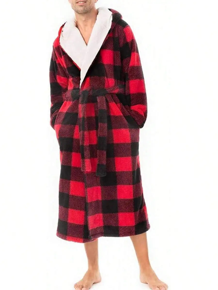 Mens Soft Fleece Plush Full Length Bathrobe With Hood