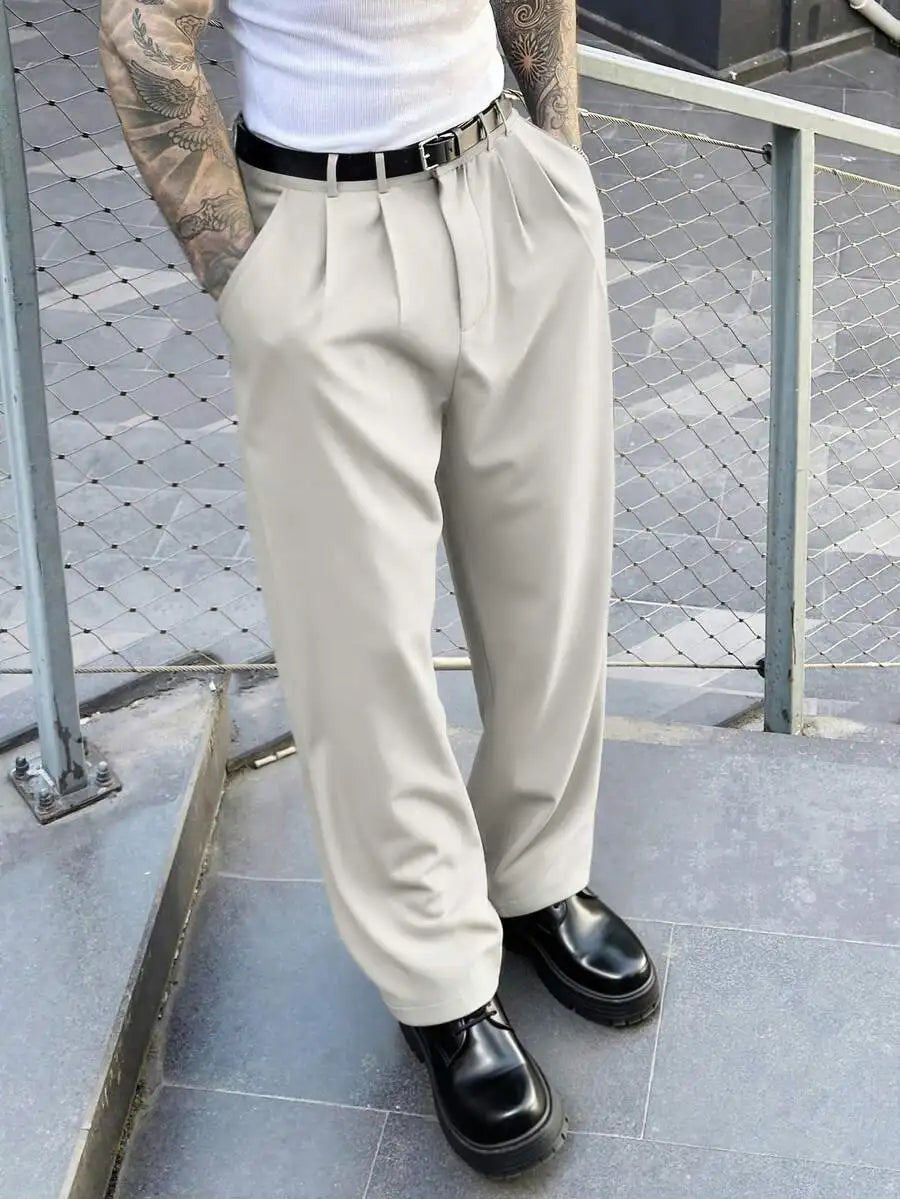 Men's Pleated Loose Straight Leg Trousers Twill Casual Business Pants