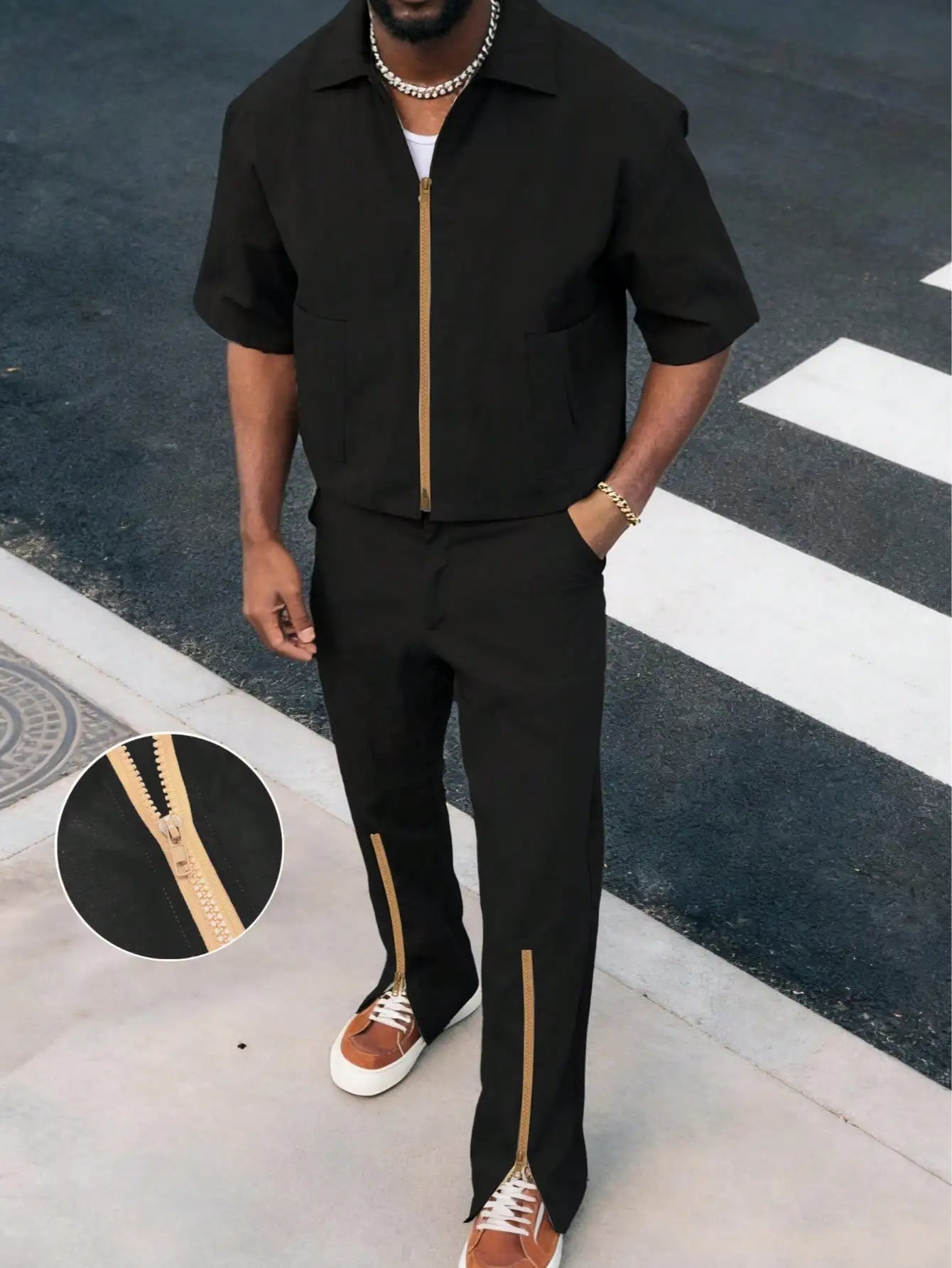Mens Zip-Up Short Sleeve Jacket And Long Pants 2 Piece Set Casual Streetwear