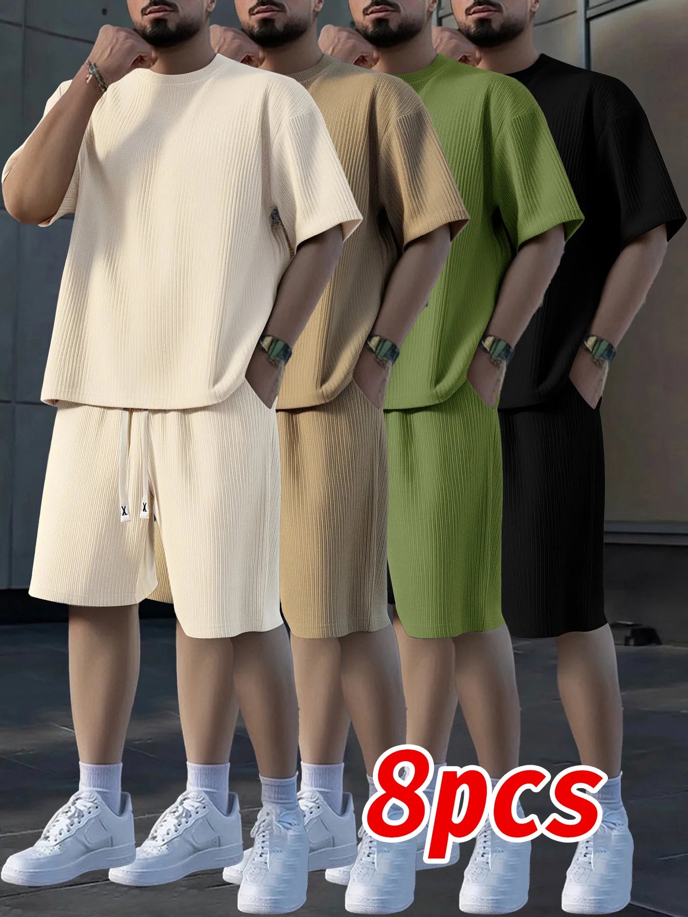 Mens Crew Neck Short Sleeve Shorts Set Breathable Sweat Absorbent