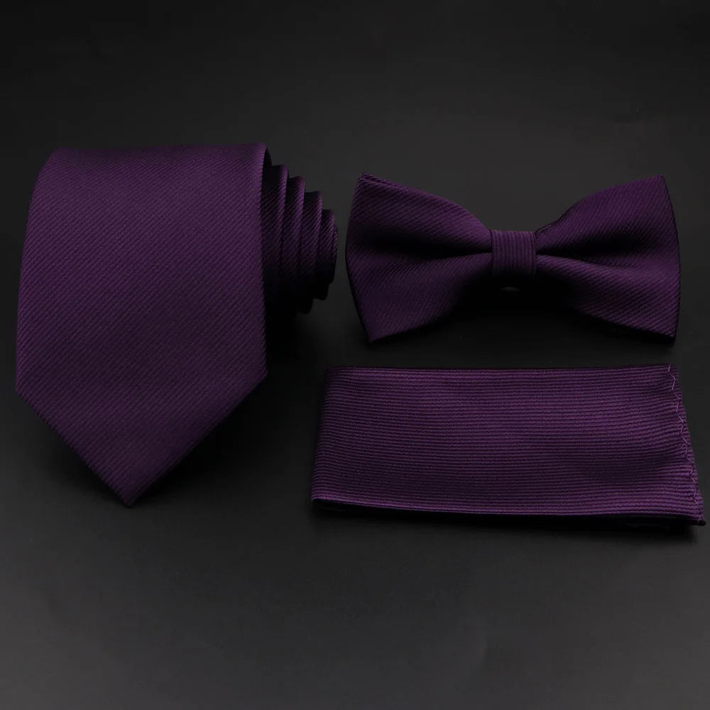 Polyester Slim Striped Tie Set With Bow Tie And Cufflinks For Groom