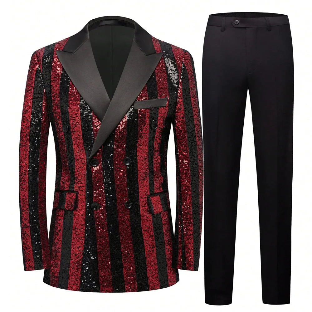 Men's Striped Sequin Double Breasted Tuxedo Suit Jacket And Pants